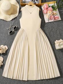 Left Mama Girls Large Child Simple & Elegant Stand Collar Sleeveless Pleated Dress, Summer