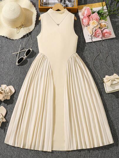 Left Mama Girls Large Child Simple & Elegant Stand Collar Sleeveless Pleated Dress, Summer