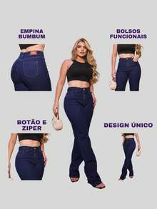 Women's Wide Leg Jeans, High Waist, Dark Wash With Elastane, Shaper, Butt Lifting, Premium Launch - 藍色 - 查看 8