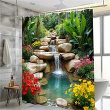 1 件活力花园瀑布和彩色花朵浴帘，不遮光涤纶面料，带挂钩，适用于窗户和墙壁浴缸浴室家居装饰浴帘，四季通用返校浴室装饰 - 彩色 - 查看 2