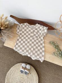 Pelele de manga corta minimalista informal a cuadros para bebés niños/niñas, verano