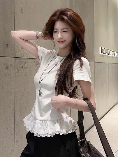 Áo thun cổ tròn tay ngắn thêu hoa thêu ren, áo thun thường ngày đa năng giúp thon gọn