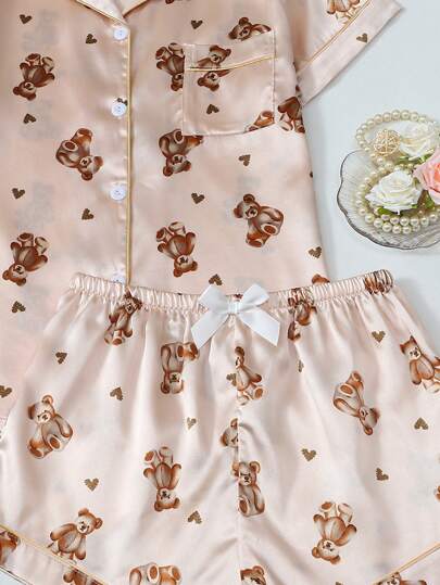 Bear Print Ox Cloth Short Sleeve Shorts Pajama Set view 6
