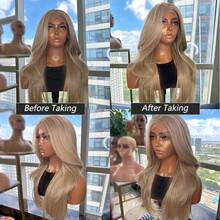 Honey Blonde 13x4 Synthetic Lace Front Wigs For Women 18 Inch Medium Long Wavy Curtain Bangs Glueless Kanekalon Hair Resistant Synthetic Hair Wigs Middle Part 150% Density Ready To Wear Synthetic Wigs For Daily Party Festival Holiday Use Beginner Friendly Wigs Transparent Lace Wigs - Camel - View 9