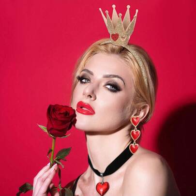Queen Cosplay Costume Accessories Includes Gold Crown Headband Heart Rhinestone Scepter Red Heart Drop Earrings For Women Cosplay Party Costume Halloween