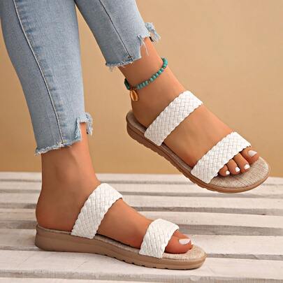 Bohemian Woven 2024 Summer Fashion Backless Slip-On Retro Slouchy Open Toe Strap Sandals