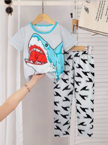 BrownBark 4 Sets, 8 pièces - Ensemble de pyjama décontracté d'été pour jeune garçon avec imprimés de dinosaures, de requins, de pelleteuses. Top à manches courtes et pantalon. Tenue d'intérieur d'été confortable pour garçons