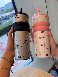 Customized Stainless Steel Coffee Cup, Drawstring Straw Cup, Small And Fresh Pattern, High Beauty Insulated Cup For Girls, Portable Water Cup - Multicolor - View 2