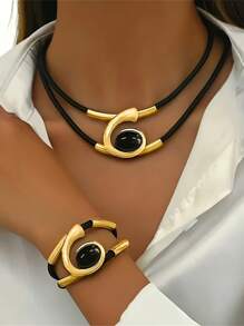 1 Stück Halskette + 1 Stück Armband, Vintage Bohemian Spirale Acryl Einlage gebogenes Doppelschichten vielseitiges Modeschmuck-Set für Frauen