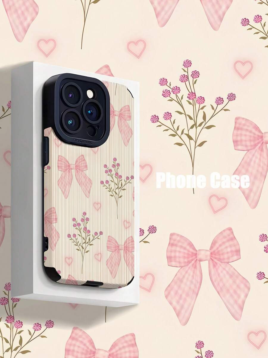 Bow-Knot 1pc Vertical Stripe Faux Leather Bowknot Pattern Shock-Resistant Soft Phone Case Compatible With Apple/ 15/15PLUS/15PRO/15PROMAX Waterproof Anti-Fall Scratch Resistant - Multicolor - View 1