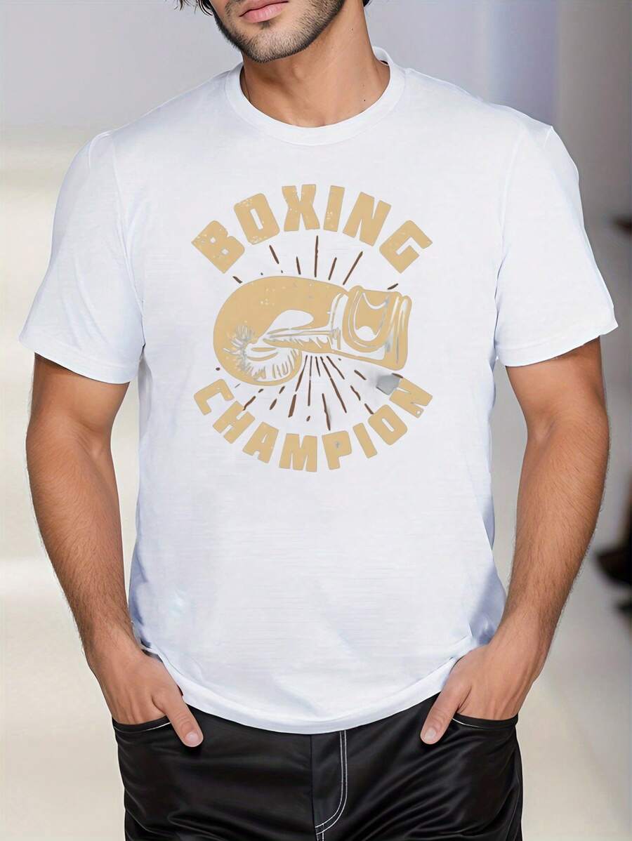 T-shirt bianca da uomo con motivo a scritta Boxchampion, t-shirt da uomo con scollo rotondo, 220 g/m², per l'estate, in puro cotone, maniche corte (1 pezzo)