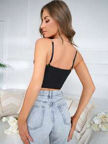 1 pieza Corset en top con cadena de cristal con efecto de encaje y transparencia, Camiseta ajustada sin mangas para mujer - Negro - Ver 7