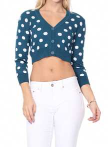 Women's 3/4 Sleeve V-Neck Polka Dot Cropped Bolero Sweater Cardigan YEMAK - Xanh ngọc/Trắng - Xem 1