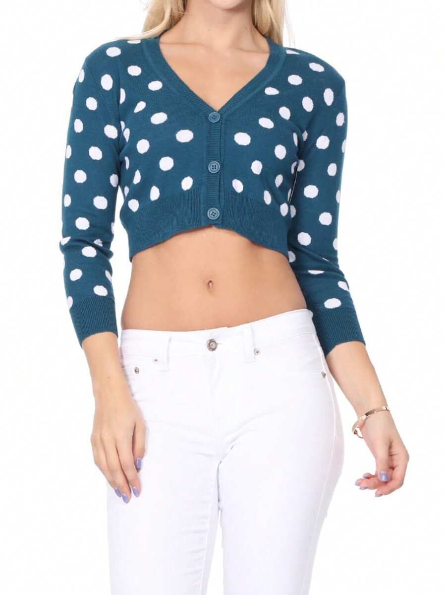 Women's 3/4 Sleeve V-Neck Polka Dot Cropped Bolero Sweater Cardigan YEMAK - Xanh ngọc/Trắng - Xem 1