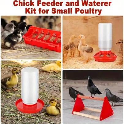 Conjunto de bebedero y comedero para polluelos 2 en 1 - Rojo y blanco, estación de alimentación para polluelos sin pilas y conveniente, comedero de plástico para polluelos, accesorios para patio, césped y jardín