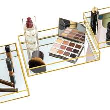 1 pieza Bandeja de espejo de vidrio dorado, organizador de almacenamiento de joyas, perfumes y velas con diseño geométrico, decoración de lujo para el baño, regalo para el Día de la Madre, bandeja transparente para organización, bandeja de espejo dorado para decoración de habitación, elegante bandeja para perfumes, regalo de boda/aniversario - Multicolor - Ver 11