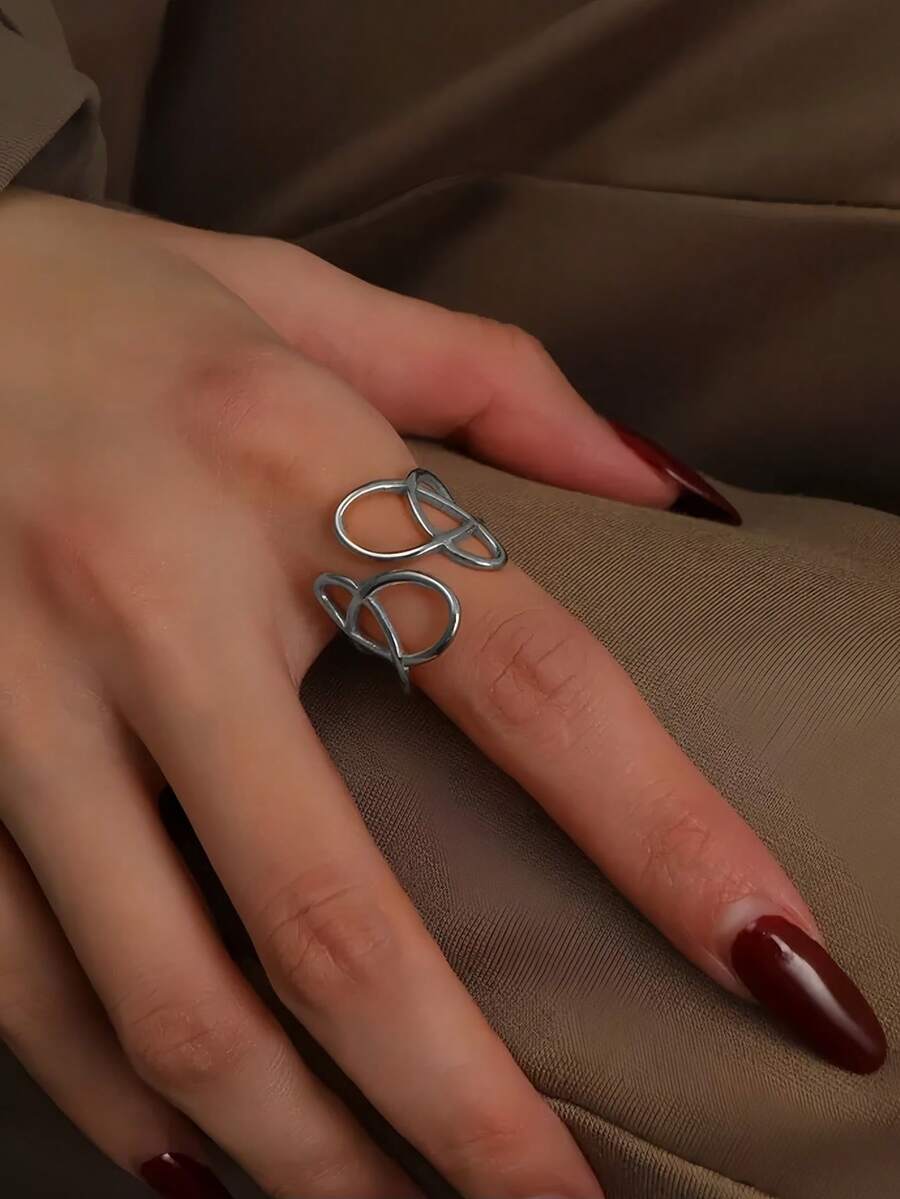 1 pieza Anillo abierto ajustable de línea asimétrica hueca de acero inoxidable único, apto para mujeres para uso diario, festivales y banquetes - Plateado - Ver 1
