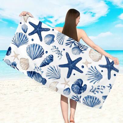 1 件超柔软超细纤维沙滩巾，带有海星、贝壳、贝壳、海洋元素印花，速干吸水柔软沙滩浴巾，适用于户外运动旅行游泳池瑜伽健身房、泳装配饰节日必备礼物（单面印花）、泳池浮球