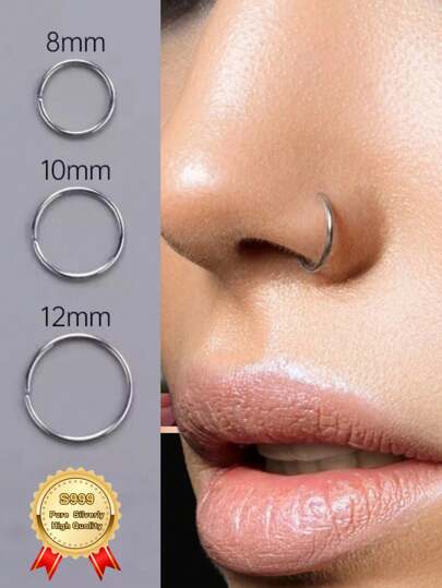 1pc Pure Silver S999 Nose Ring,Women And Girl Small And Thin Pierced Jewelry,Elegant And Simple,Suitable For Septum Cartilage Spiral Earrings,Simple American Style Personalized Letters Hip-Hop Street Style
