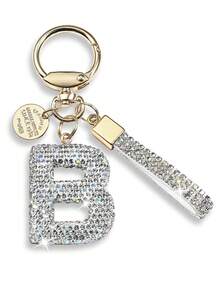 白色首字母钥匙扣礼物，适合女士女孩闪亮可爱背包汽车钥匙配件挂绳汽车配件包饰背包学校哥特式 Y2k 包挂绳带身份证夹汽车配件包饰