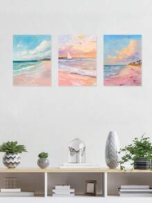 Set Of 3 Landscape Poster, Beach Sunset Canvas Print Wall Arts, Pastel Colors Poster, Coastal Art Prints, Dreamy Seascapes Wall Arts, View Modern Artwork, Home Decor, Wall Arts, Posters, Ideal Gift, Optional Framed