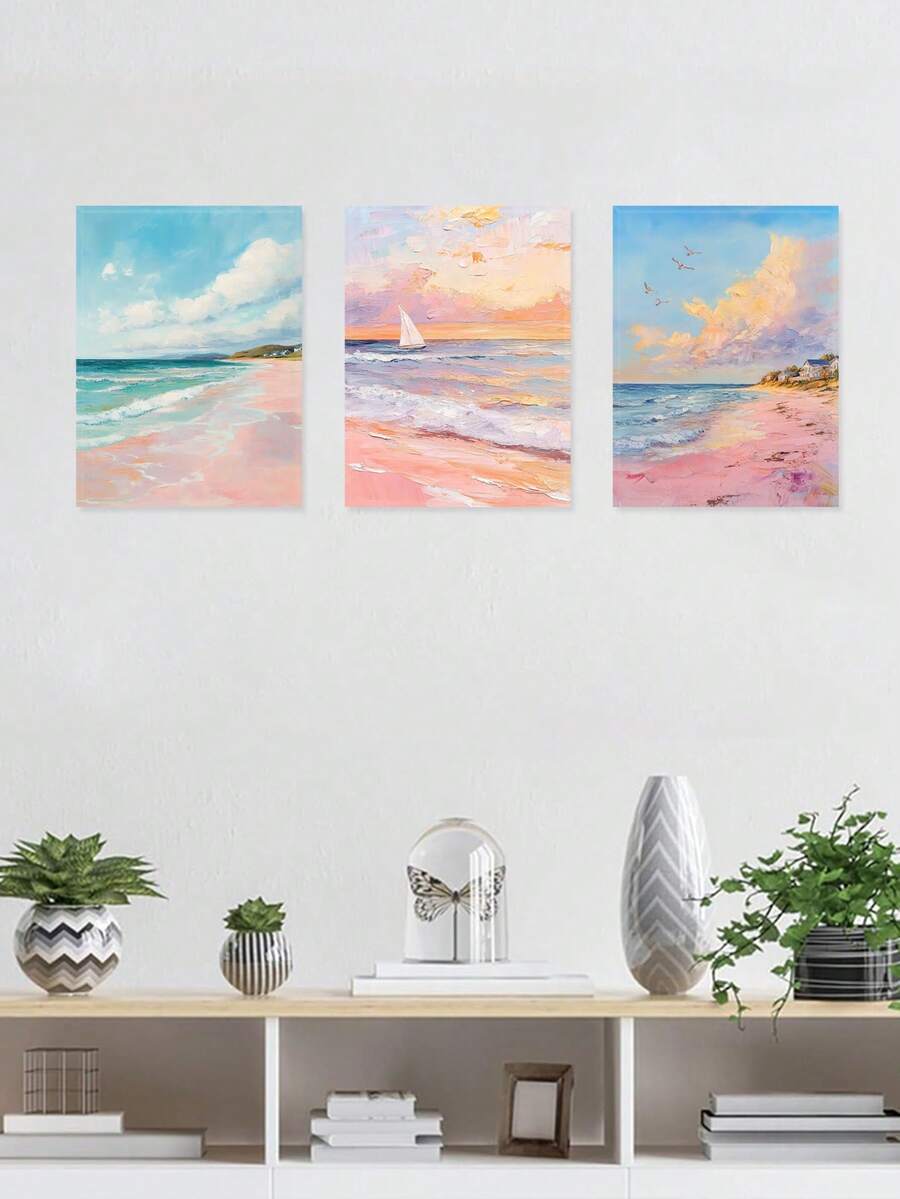 Set Of 3 Landscape Poster, Beach Sunset Canvas Print Wall Arts, Pastel Colors Poster, Coastal Art Prints, Dreamy Seascapes Wall Arts, View Modern Artwork, Home Decor, Wall Arts, Posters, Ideal Gift, Optional Framed