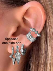 Conjunto de 5 pendientes aros con estrella enchapados en oro con circonita cúbica negra para mujer, pendientes de clip de moda