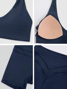 NcmRyu 1 Set Women's Fashion Elastic Sexy Backless Sports Bra And Shaping Leggings Workout Suit Summer - Màu xanh lam - Xem 3
