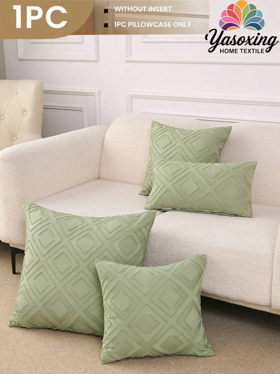 1 件绿色簇绒几何装饰靠垫套（无填充物），现代家居抱枕套，适用于沙发、客厅家居装饰床上用品沙发抱枕套 [无枕芯]，适合日常使用，高端简约设计，客厅、卧室、小型车