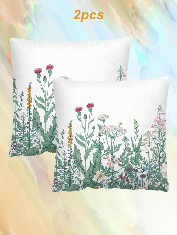 2pcs Ditsy Floral Pattern Decorative Pillow Cases & Covers, Letter Print Square Pillow Sham Without Inserts, Cute Throw Pillow Covers Suitable For Sofa, Living Room