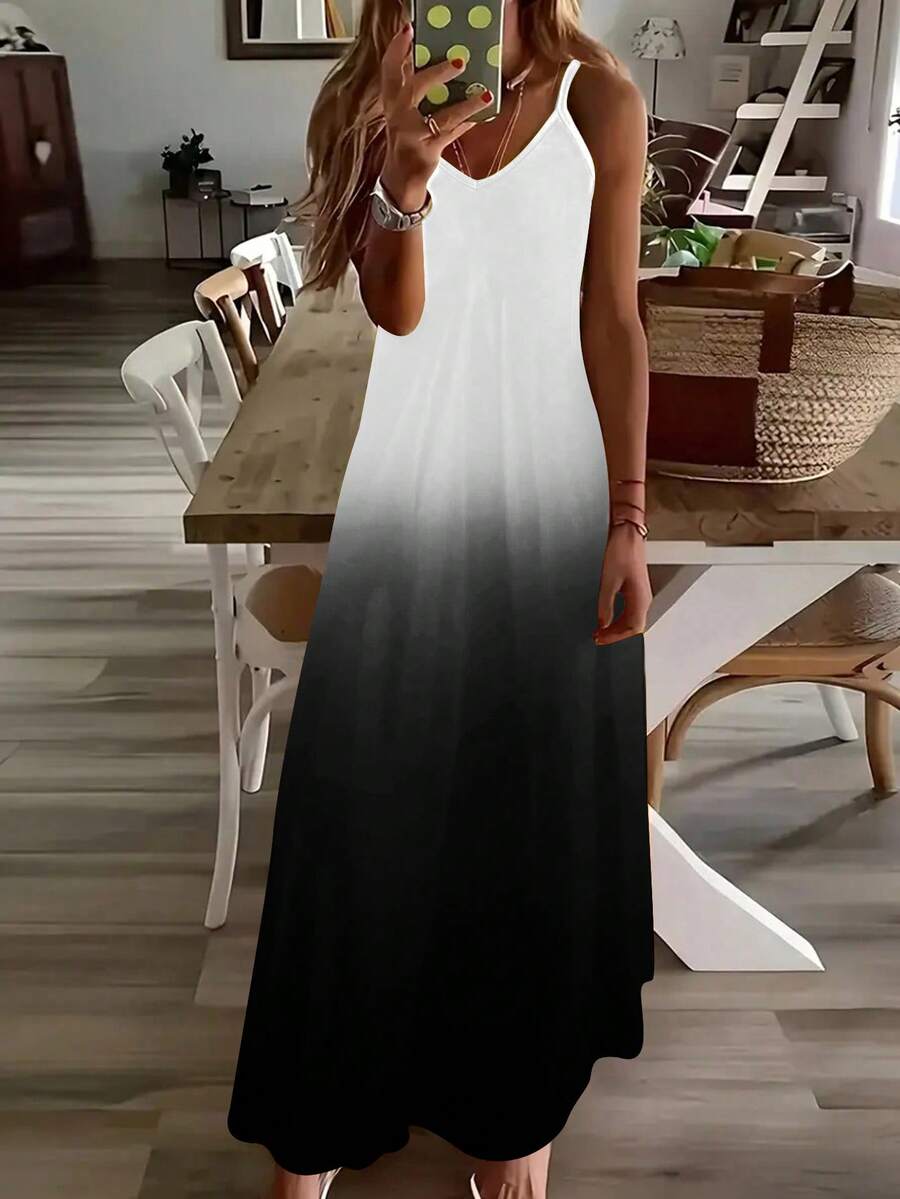 Robe décontractée à bretelles fines avec imprimé dégradé pour femmes grandes tailles, robe ample sans manches à encolure en V, tenue d'automne décontractée pour soirée - Noir et Blanc - Voir 1
