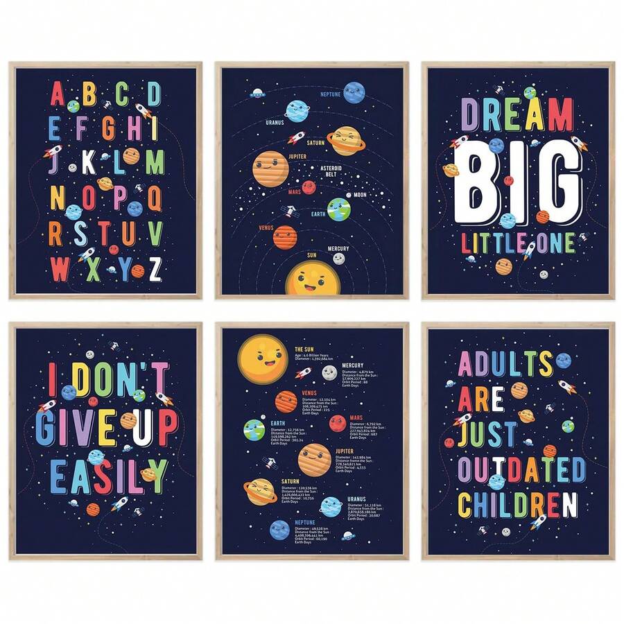 6 件套无框帆布印刷装饰画，星球、太空墙面装饰、宇宙主题、活力宇航员和励志名言艺术，室内家居墙面装饰艺术