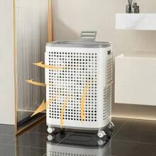 Laundry Basket With Wheels – White & Gray Plastic Hamper With Ventilated Sides For Clothes – Movable Storage Solution For Dorms, Bedrooms, And Bathrooms, Laundry Room Accessories, Laundry Baskets.