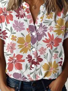 Women's Fashionable Casual Bohemian Flower Print Slim Short Sleeve Shirt - Multicolor - View 3