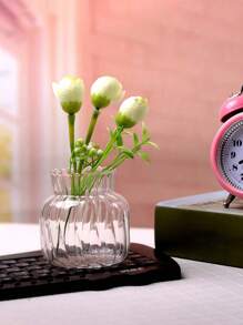 1pc Retro Striped Glass Vase, Simple Clear Glass Flower Vase With Flower Bud Decor, Home Desktop Decoration Flower Arrangement Vase Ornament For Flower Care,Room Decor Home Decor Bedroom Decor Bathroom Decor Wedding Living Room Decor Room Decoration Stuff Wedding Decor