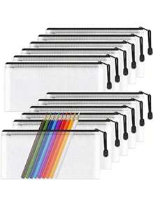 Bolso con cremallera de malla estilo carpeta, 12 piezas de estuches de lápices transparentes de plástico, billeteras, carpetas, bolsas de almacenamiento impermeables para útiles escolares, facturas, cosméticos, papelería y accesorios de viaje, negro, estuche para lápices, bolsa escolar