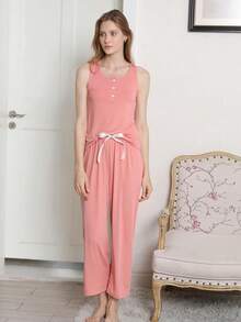 Conjunto de pijama para mujer, camiseta sin mangas y pantalones capri, ropa de dormir, conjunto de pijama de 2 piezas - Rosa - Ver 4