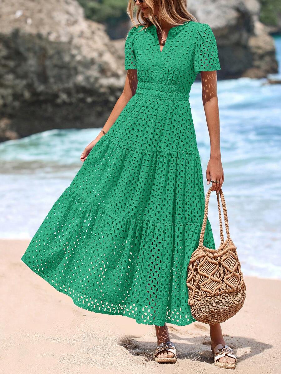 Women's Spring And Summer Maxi Dress Short Sleeve V Neck Hollow Out Eyelet A Line Long Flowy Wedding Guest Beach Vacation Dresses For Women - 綠色 - 查看 1