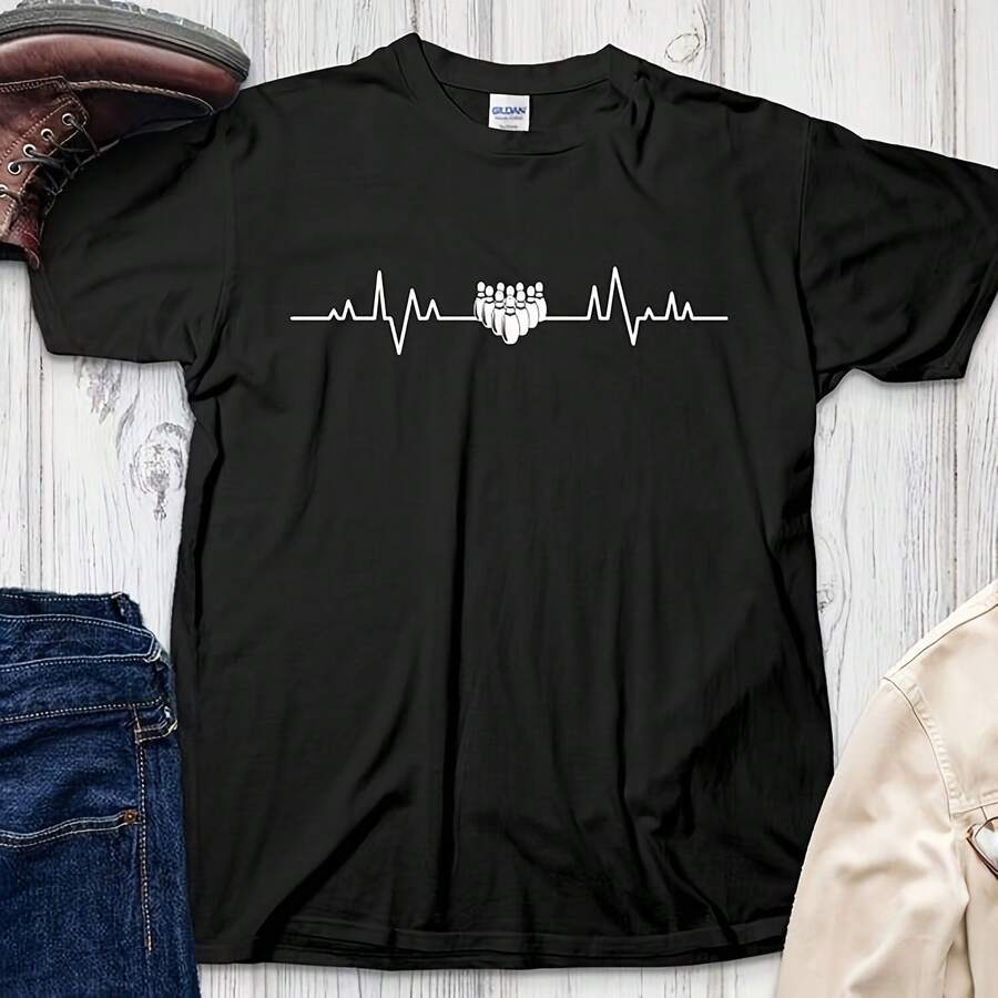 Camisa De Bolos Bowler Skittle Heartbeat Bola De Bolos Camiseta De Bolos___220g High-Quality Pure Cotton T-Shirt With Minimalist Printing, Soft And Breathable Fabric, Comfortable And Loose, Suitable For All Day Wear, Suitable For Office Casual Wear, Spring And Summer Daily Appearance, Elegant And Youthful Design - Black - View 1