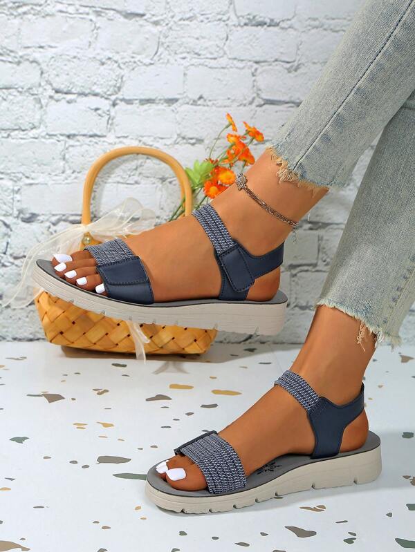 Outdoor Casual Elastic Contrast Color Bohemian PU Leather Hook&Loop Strap Sports Sandals, For Summer Outdoor Wear