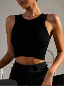 1 pieza Sujetador deportivo para mujer de color liso, con tirantes plateados y espalda de tipo racer, cómodo - Negro - Ver 3