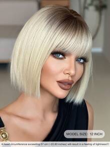 NICKY WALL Short Straight Blonde Bob Wig-12 Inch Elegant Wig With Bangs Dark Roots - Heat-Resistant Synthetic Fiber Wigs For Parties, Mother's Day - Easy Care For All Occasions(1Pc Hairnet For Free)