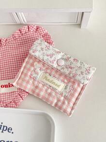 Bolsa de almacenamiento acolchada con estampado de cuadros y flores diminutas, de tela suave con cierre a presión, organizador multifuncional para el hogar/viaje para mujeres