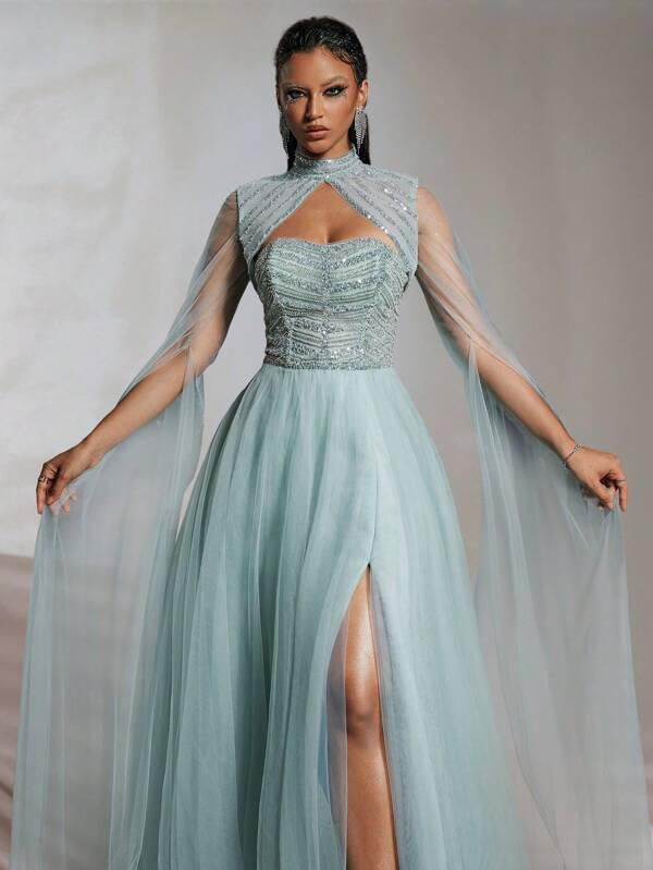VIPGIRL Luxury Ice Blue Tulle Gown With Sequined Bodice And Cape Sleeves, Elegant Long Prom Dress For Women, Formal, Party Dress, For Evening, Wedding Guest