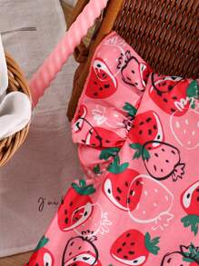 1pc Young Girl Countryside Strawberry Print Cap Sleeve Dress, Spring/Summer