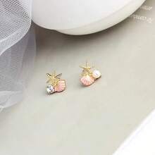 Boho Shell Earrings For Women,Asymmetry Exquisite Starfish Shell Earring Crystal Pearl Earring Beach Jewelry Gift - trắng - Xem 5