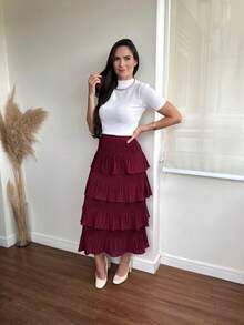 4 Layer Pleated Skirt S-1 - 酒紅色 - 查看 2