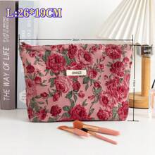 Red Rose Floral Pattern Handbag Cosmetic Pouch, Portable Sanitary Napkin Organizer Bag, Large Capacity Wallet, Zipper Storage Bag For Travel & Makeup Brushes