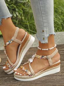 1 par de sandalias planas con cuña de suela gruesa y estilo vintage tejido con 3 flores para adolescentes