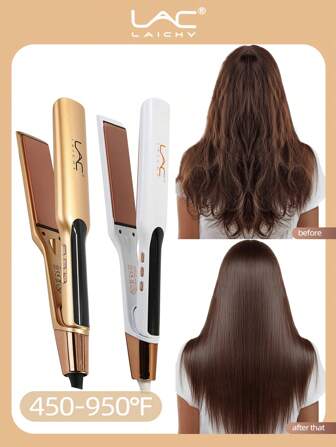 LAC 1pc LAC Flat Iron With Display, Adjustable Temperature Suitable For All Hair Types, Dual-Tone Gold & White Multi-Function Straightener & Curler, Gift For Women, Ergonomic Design
